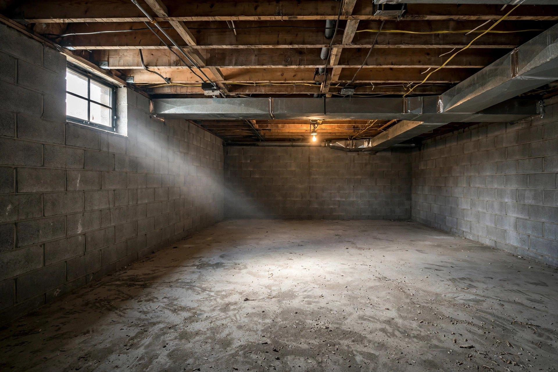 Before — unfinished basement with concrete block walls, concrete floor and exposed ceiling joists