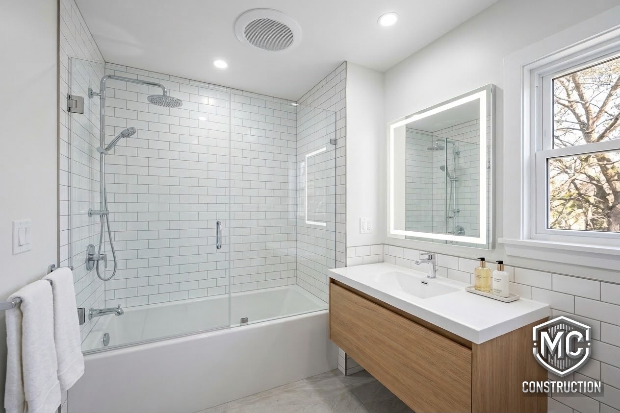 Bathroom Remodeling in Newton, MA — remodeled bathroom with ceiling exhaust fan grille visible above the shower