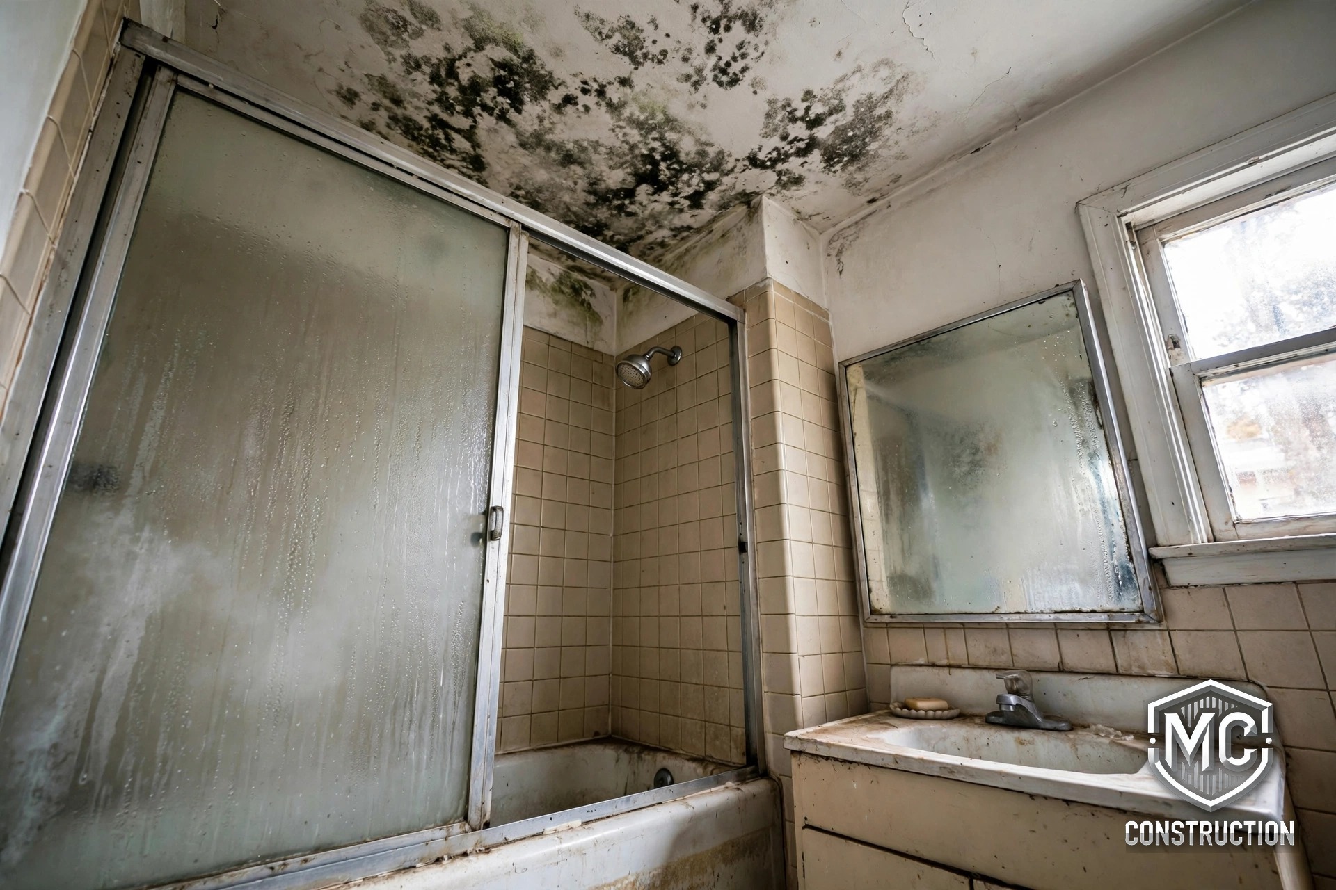 Bathroom before remodel — mold on the ceiling, fogged mirror and glass from poor ventilation