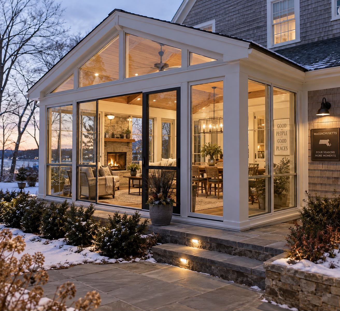 Four Season Porch in Acton, MA — glass-enclosed porch addition in winter