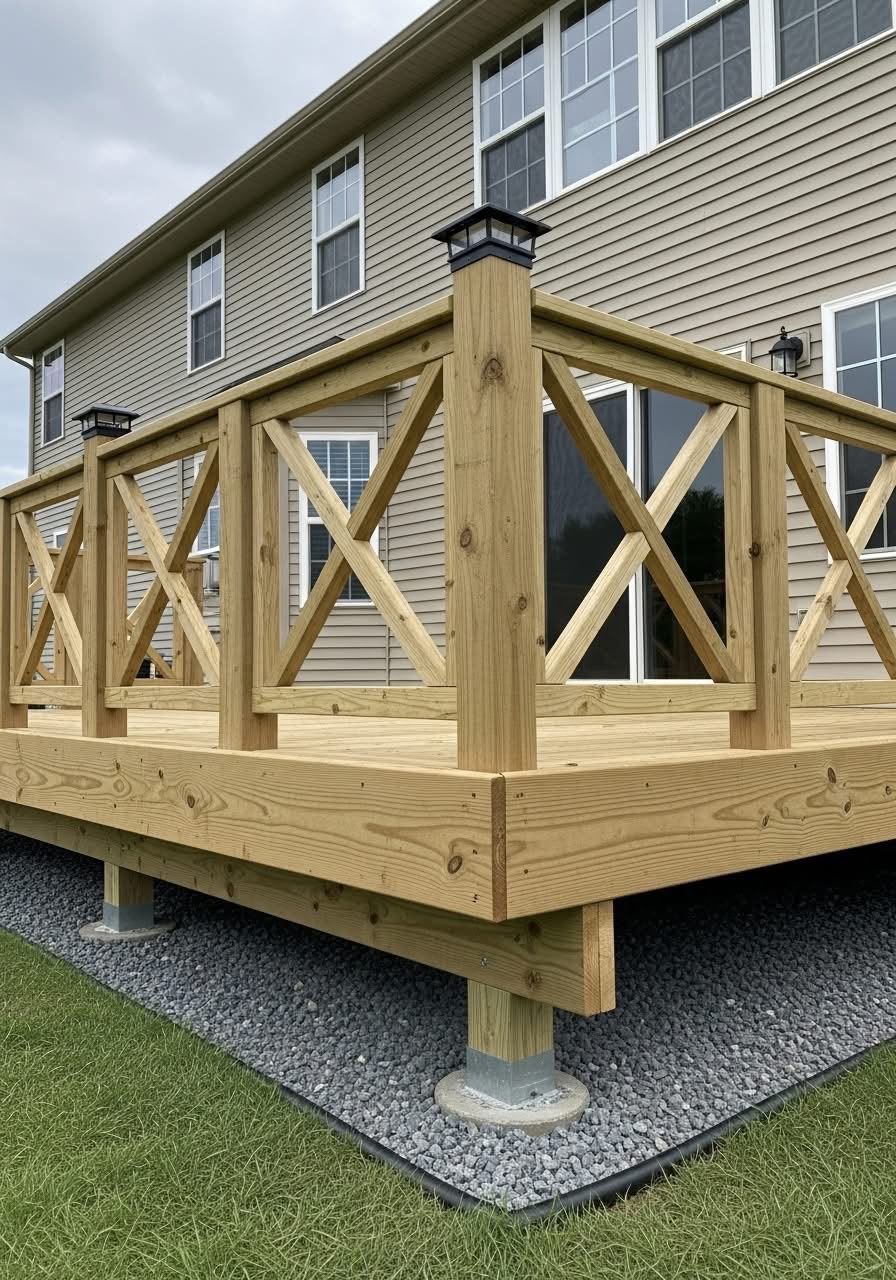 Custom deck railing with post-cap lighting in Massachusetts