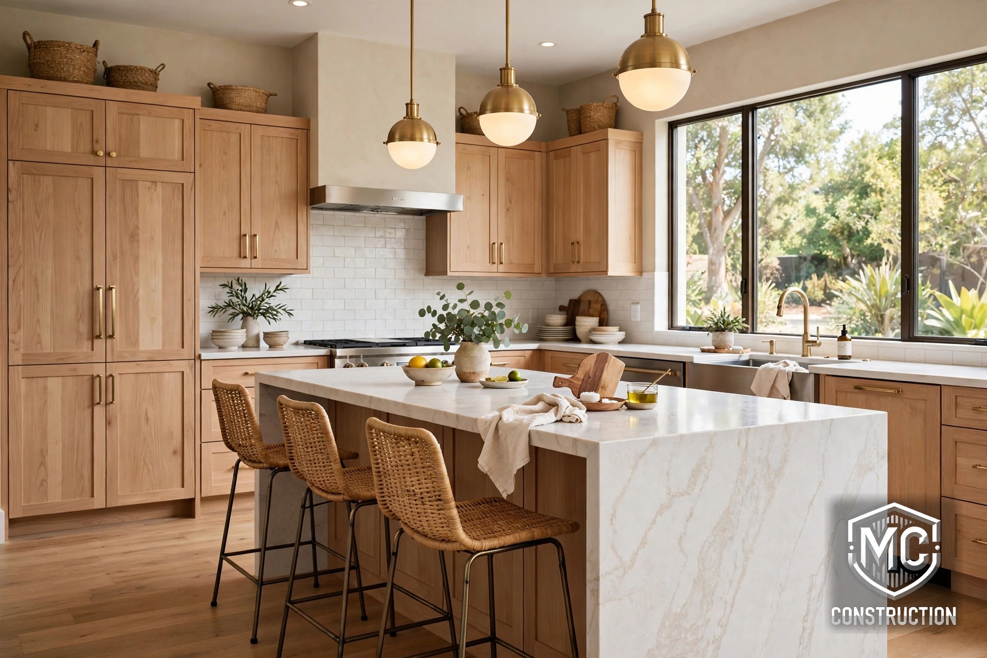 A 2026 kitchen trend: warm white oak cabinets with waterfall quartz island